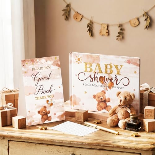 Image of Fuyoooo 27 Pcs Brown Bear Baby Shower Guest Book Set Baby Shower Sign in Guest Floral Book Place Table Cards with Gold Pen Adhesive Photo Corner for Birthday Party