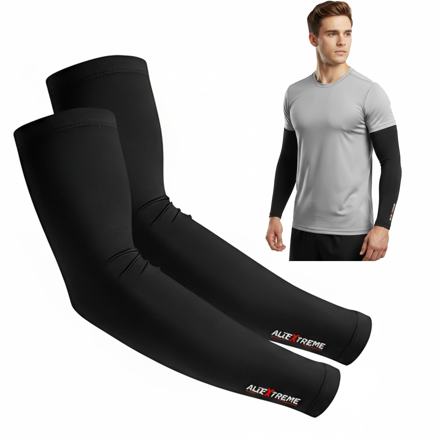 Allextreme Full Arm Sleeves for Riders Sun Protection Sweat Absorbing Quick Dry Cotton Hand Cover for Men & Women Basketball Cricket Biking Hiking Cycling Running Protective Bike Riding Gear (Black)