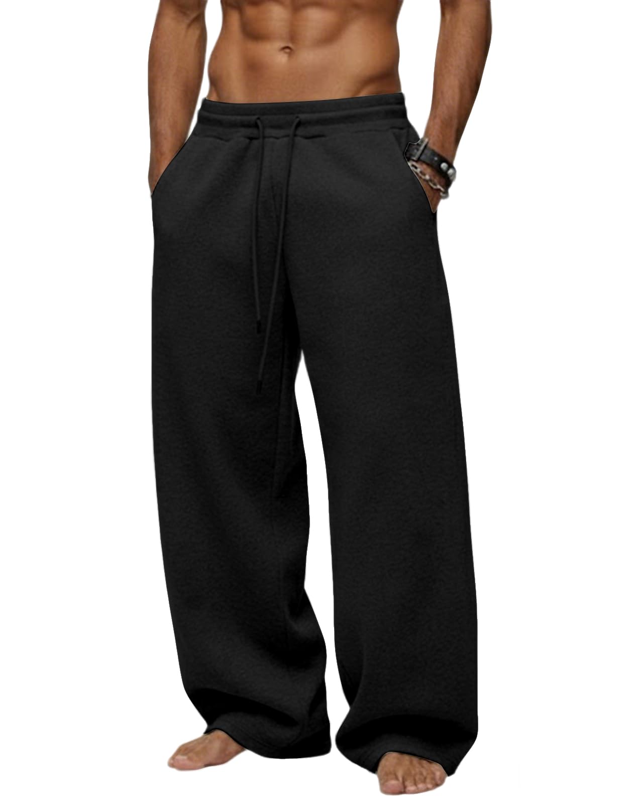 Mens Baggy Sweatpants Heavyweight Fleece Wide Leg Drawstring Sweat Pants Casual Lounge Joggers with Pockets Slacks
