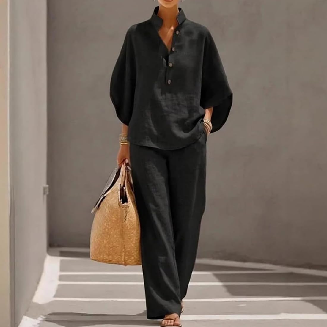 Conjunto de dos piezas de lino y algodón con mangas murciélago para mujer: camisa informal y pantalón de pierna ancha, traje de lino informal de verano, mangas murciélago de 3/4