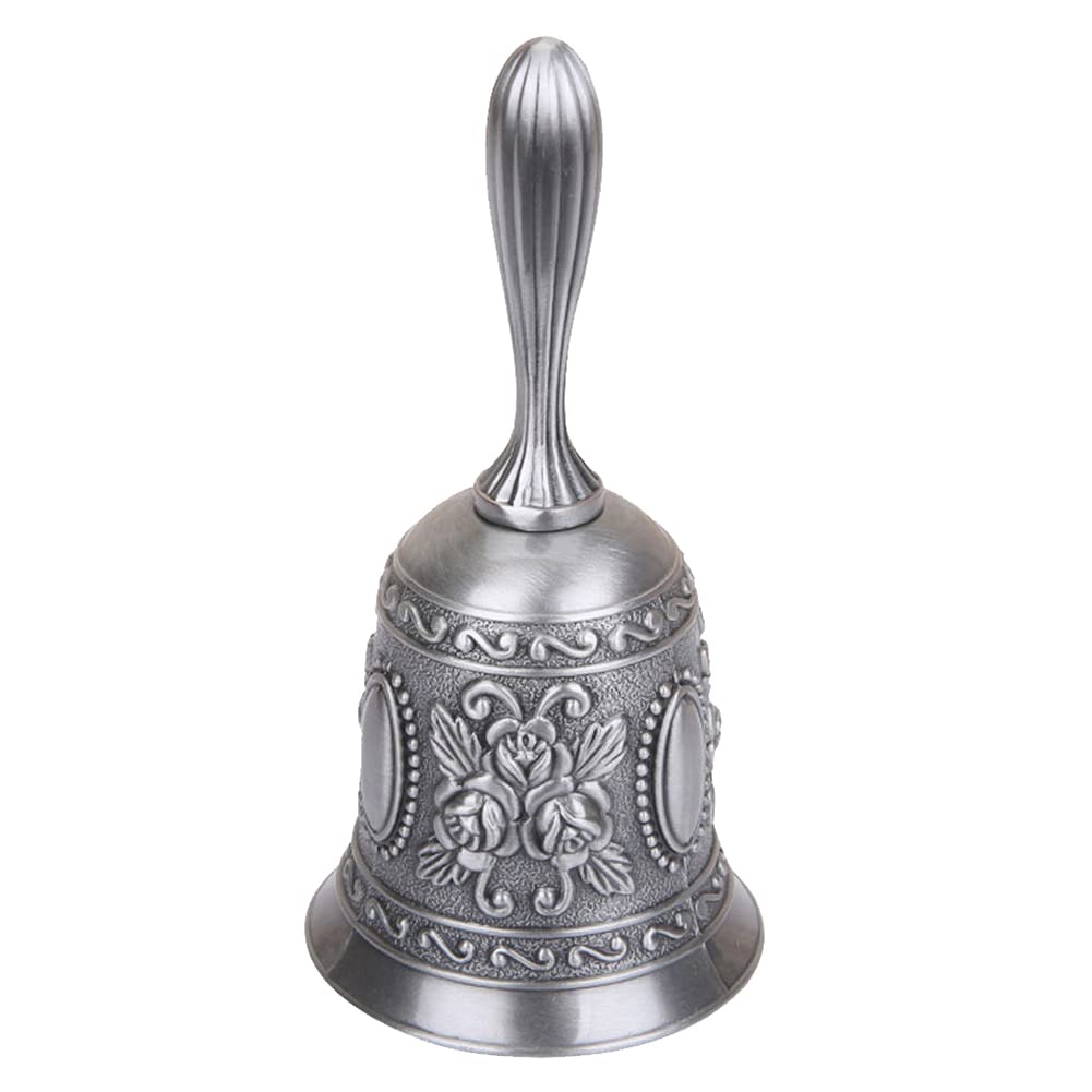 HugeDE Vintage Metal Bells Hand Call Bells Dinner Service Bell Large Craft Hand Bell Christmas Jingle Bell Food Line Bell Ringing Bell with Handle Silver