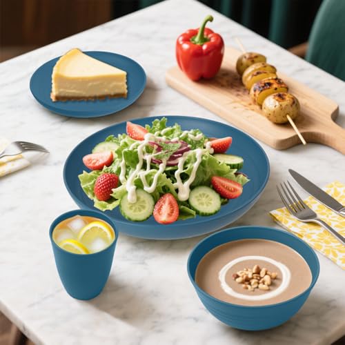 Image of Wheat Straw Dinnerware Sets, 32 PCS Dishes Set for 8, Unbreakable Lightweight Reusable Plates and Bowls Sets for Kitchen Outdoors RV Camping Patio, Dishwasher & Microwave Safe - Blue