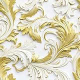 LaCheery Gold and White Feather Wallpaper Peel and Stick Faux 3D Embossed Wallpaper Gold White Contact Paper for Cabinets Drawers Bathroom Accent Walls Removable Modern Wall Paper Roll Decor 17.5'x80'