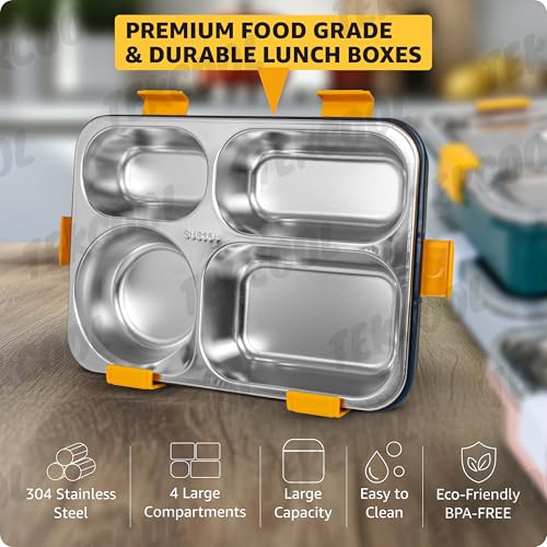 Image of TEKCOOL Lunch Box for Adults - Lunch Box for Kids - with Spoon & Fork - Stainless Steel Lunch Box with 4 Compartment - Durable Perfect Size for On-The-Go Meal, BPA-Free
