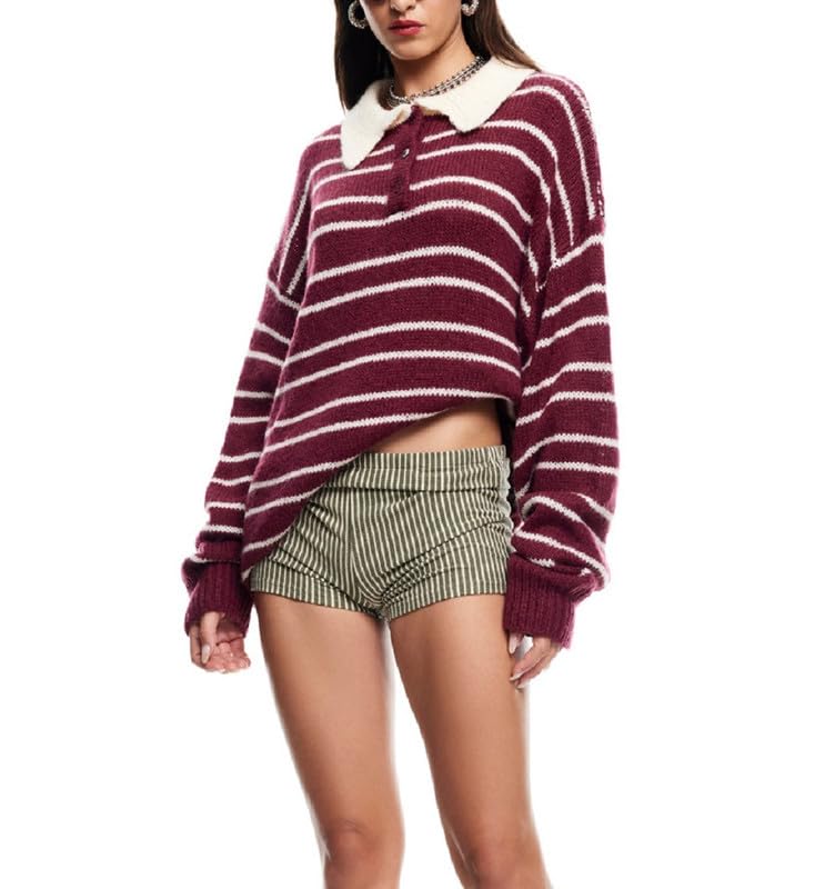 Women Striped Knit Polo Shirt Long Sleeve Lapel Collar Pullover Sweater Y2K Color Block Oversized Rugby Sweatshirt3