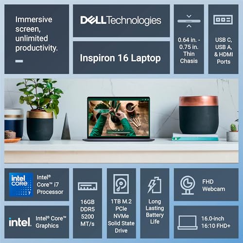Image of Dell 16 Touchscreen Laptop 2025, Intel Processor (Core 7 150U), 16 GB DDR5, 1 TB SSD, 16 Inch FHD IPS Display, Wi-Fi 6, BT 5.2, Backlit KB, for Business & Student