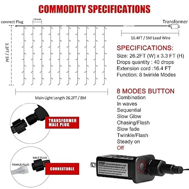 kemooie 400 LED Outdoor Curtain Lights, 26.2FT x 3.3FT Curtain String Lights with 8 Shining Modes for Indoor Ceremony Birthday Christmas Party Bedroom Balcony Roof Decorations (Warm White)
