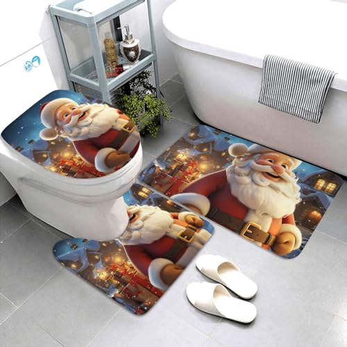 Dwrepo Santa Claus Print Bathroom Rug Set 3 Piece with Non-Slip U-Shaped Contour Mat and Toilet Lid Cover for Bathroom Decoration