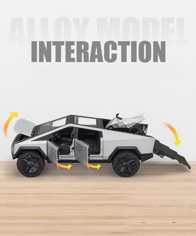 Image of DEOXY 1 /32 Tesla Cyber Truck Toy Car Metal Pull Back Diecast Car with Openable Door and Sound Light, Gifts Toys for Kids, Black