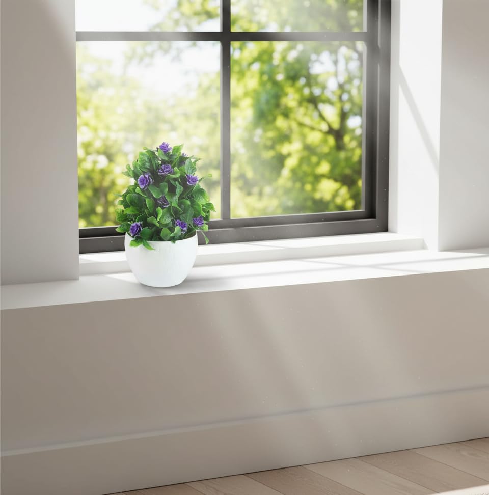 Image of Foliyaj Artificial Plant with Purple Roses in White Pot for Interior Decor | Faux Plant for Desks, Shelves and Side Tables for Your Home and Office | Fake Plants for Indoor Decoration