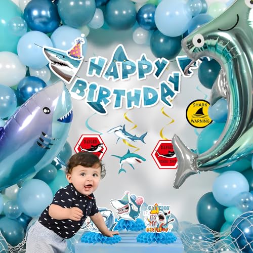 Image of Shark Birthday Party Decorations, 13Pcs Shark Banners Hanging Swirl Birthday Honeycomb Centerpiece, Under The Sea Themed Party Decorations for Boys