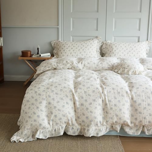 Image of BuLuTu Blue Freesia Pattern Duvet Cover King, 2 Layers Cotton Muslin Quilt Cover with Zipper, Shabby Chic Ruffled Comforter Cover 90 inchx104 inch Floral Design Bedding, No Pillow, Machine Wash
