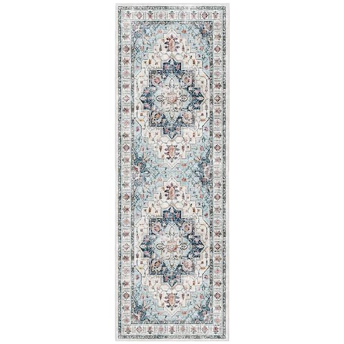 Madane Blue Runner Rug, 2x5, Low-Pile, Non-Slip, Washable, Stain Resistant, Retro, Machine-Made, Microfiber, Floral, Kitchen, Living Room, Bedroom, Laundry Room