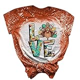 Funny Turkey Thanksgiving T-Shirt Love Leopard Sunflower Graphic Print Bleached Tie Dye Short Sleeve Shirt for Women Orange