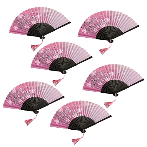 6PCS Floral Folding Fans Bamboo Handheld Fans Silk Fabric Fans Vintage Hand Holding Folding Hand Fan for Japanese Party Gifts Wedding