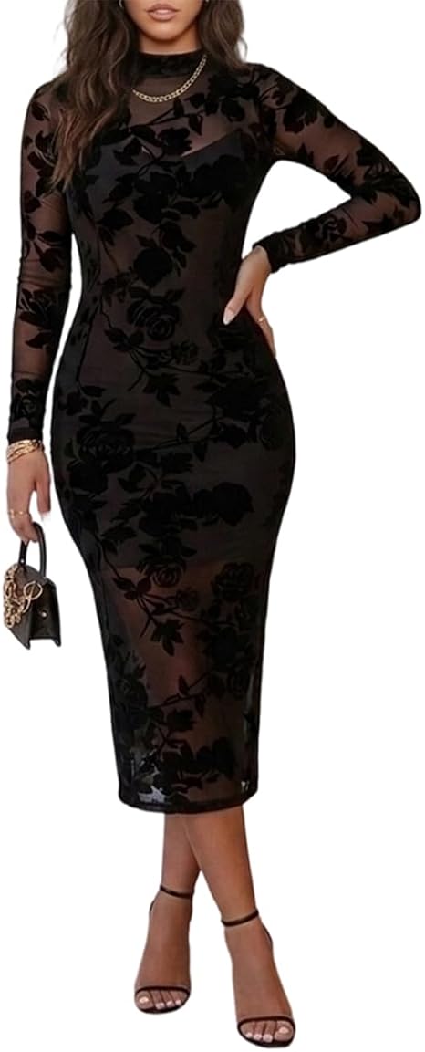 CHICME women's black floral lace midi dress