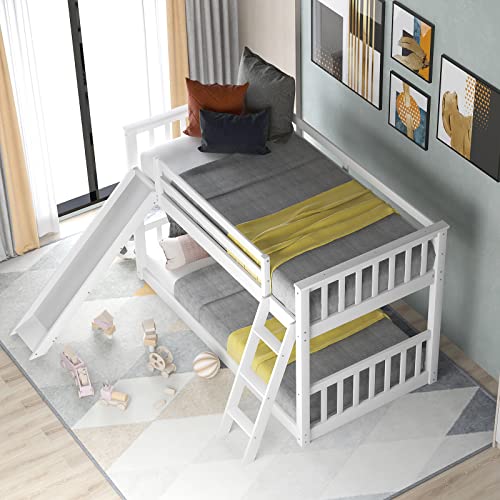 Twin-Over-Twin-Floor-Bunk-Bed-with-Slide-and-LadderSolid-Pine-Wood-Low-Bunkbeds-wSafety-GuardrailsNo-Box-Spring-Needed-Noise-Free-for-Dorm-Bedroom-Guest-Room-White