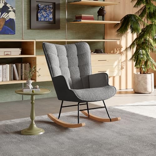 Mexus Teddy - Sillón mecedora de lactancia (revestimiento aterciopelado, patas de madera maciza, con reposabrazos, para salón, dormitorio, balcón.-75 x 68 x 92 cm (T x B x H) (gris oscuro)