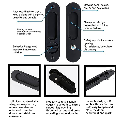 betensh 173mm Pocket Door Lock Pocket Door Handle with Key Sliding Door Lock Keyed Recessed Pocket Handle with Mortise Hook for Wooden Door Brushed Black - Image 2