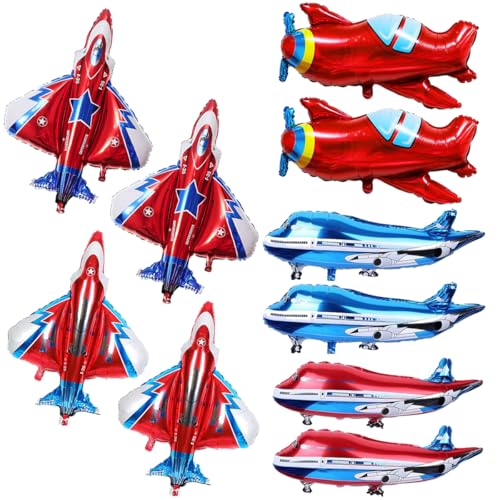Pacote de 10 decorações de avião, aviões insufláveis, brinquedos de avião, balões insufláveis de alumínio, adequados para decorações de aniversário de crianças, festas temáticas de aviões