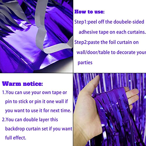 Image of 4 Pack Purple Foil Fringe Curtain Backdrop, 3.28Ft x 8.2Ft Metallic Tinsel Foil Fringe Streamer for Party, Photo Booth Props, Birthday, 2022 Graduation Decoration Party Supplies