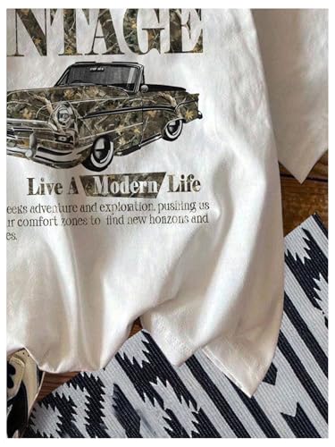 Image of RoseSeek Women's Graphic Letter Tee Crew Neck Drop Shoulder Trendy Summer T Shirt Short Sleeve Vintage Car Print Top