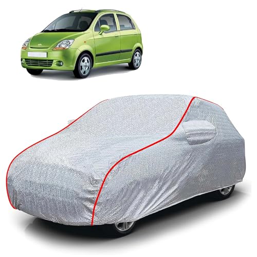 Image of Sulfar 100% Waterproof Car Body Cover Compatible with Mirror for Chevrolet Spark (Triple Stitched, Full Bottom Elastic, Magic Silver with Red Piping)