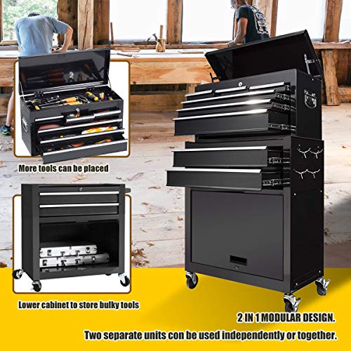 8-Drawer Large capacity Tool chest,Rolling Tool Chest and Tool box with 4 Wheels,Tool Storage Cabinet Removable Portable Box with Lock for Garage and Warehouse (Cool Black)