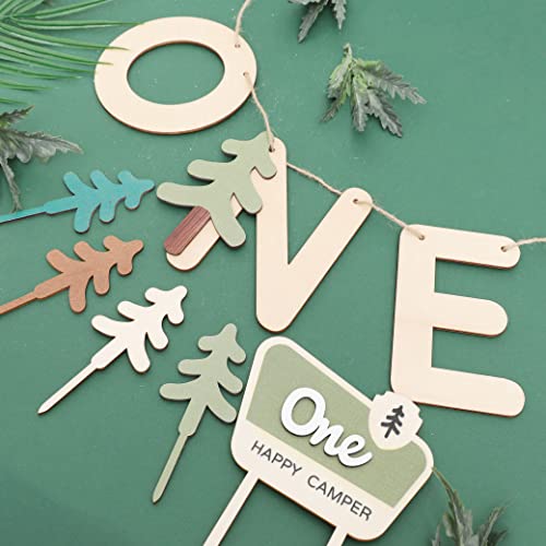 One Happy Camper Wood Banner/Cupcake Topper Set - Camping Cake Topper, Woodland Birthday Party Decoration, One Happy Camper Birthday Banner, First High Chair Wood Safari Jungle Garland For Baby Shower Boy/Girl(Wooden One Happy Camper 1St Birthday Toppers/Banner Set) #TOP4
