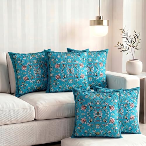 Image of Nendle Printed Holland Velvet Cushion Covers Set of 5, 16 x 16 Inches (40 x 40 cm), Decorative Sofa Cushion Cover with Zipper Closure, Floral Geometric Abstract Bohemian Designs, Multicolor