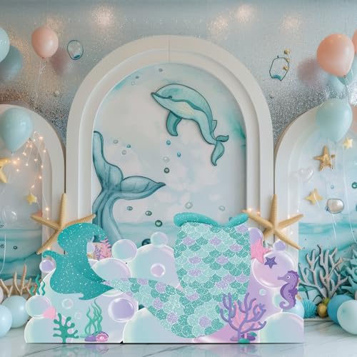 Image of DoubleFill 4.6 ft Mermaid Tail Cardboard Cutout Stand up Life Size Under the Sea Ocean Theme Party Decorations Backdrop Mermaid Tail Photo Booths Prop Standup for Ocean Themed Birthday Party Supplies