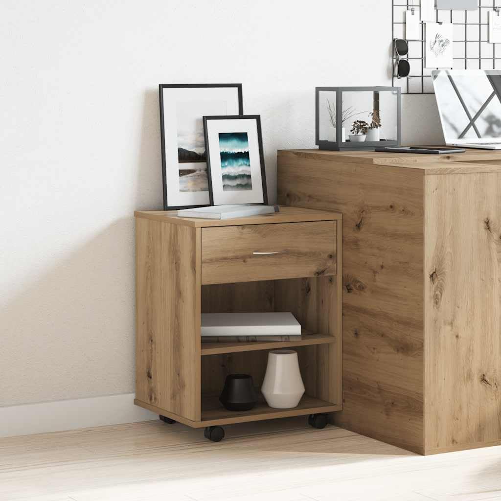 Contenedor con ruedas de madera de roble Artisan, 46 x 36 x 59 cm, con cajón y espacio de almacenamiento, armario de almacenamiento móvil con ruedas para oficina, salón, cocina y taller