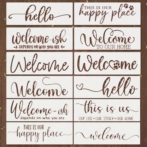 BLOSSOMLAYER Welcome Stencil 12pcs Reusable Plastic Templates 3.94 * 11.8 Inch Welcome Stencils Craft Paint Template Letter Stencil Door Mat Stencils for Painting on Wood Door Wall Canvas