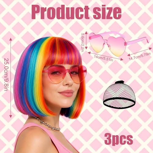 Image of Rainbow Wig, Short Bob Wigs with Heart Sunglasses Hair Cap for Women, Short Wigs for Halloween Costume, Daily Use and Special Events