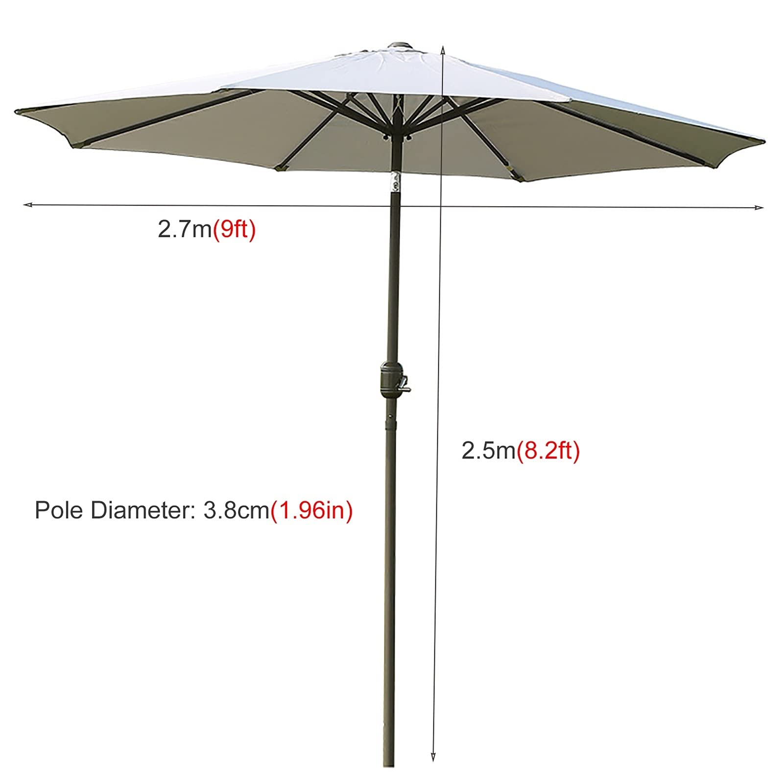 Parasol ogrodowy, duży, 2,7 m, na zewnątrz, z korbą i 8 żebrami, przechylany parasol stołowy do ogrodu/trawnika, biały, zewnętrzny baldachim przeciwsłoneczny