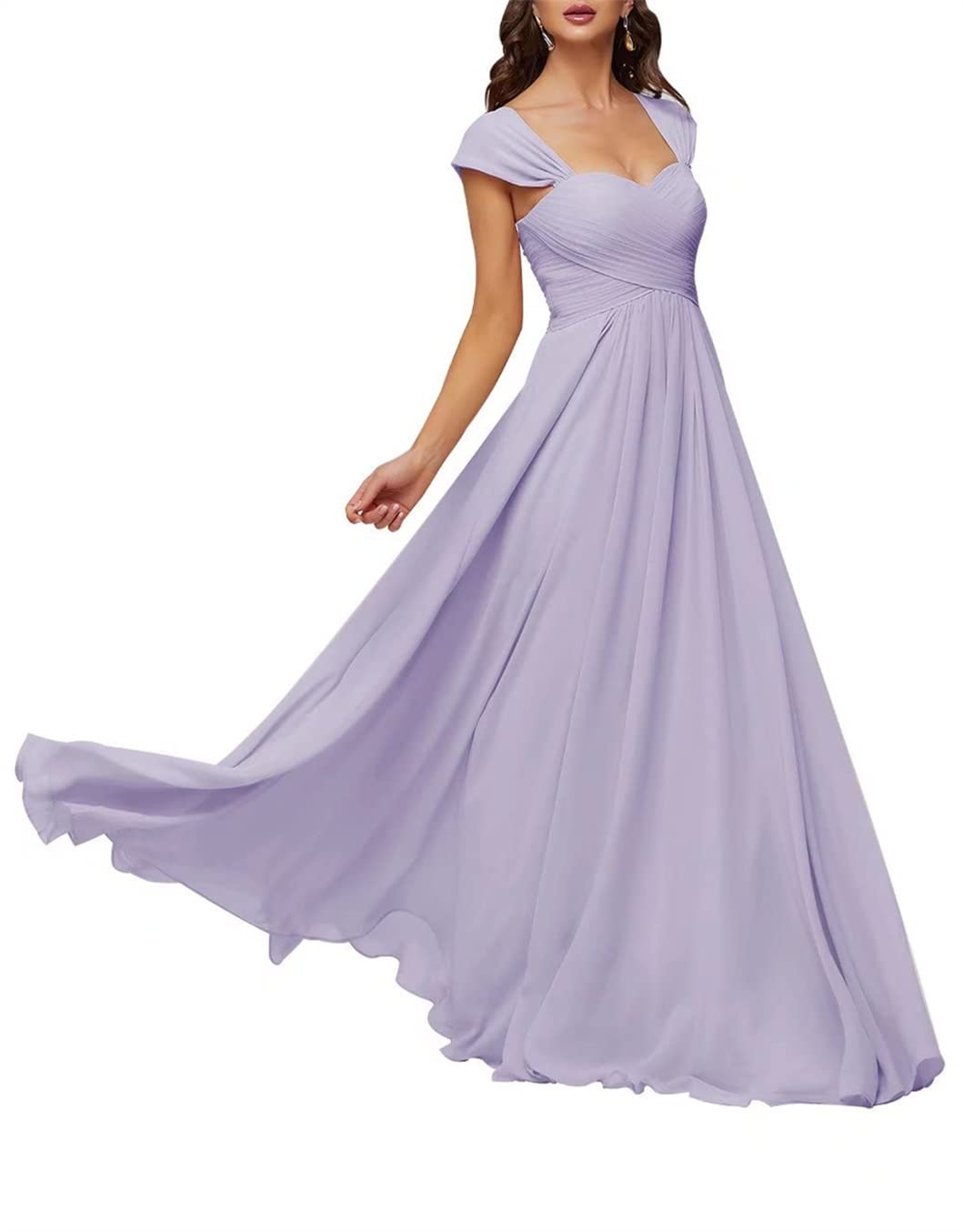 SAYNO Cap Sleeve Wedding Bridesmaid Dresses for Juniors A-Line Chiffon V Neck Formal Prom Evening Gowns Lilac UK10