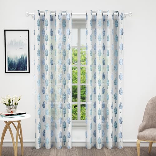 Image of Curtains 7 feet Long Set of 10 | White & Blue Transparent Sheer Curtain | Room Decoration Items for Bedroom | 215 x 118 cm | Motif Design Door Curtain | | Perfect for Home Decor