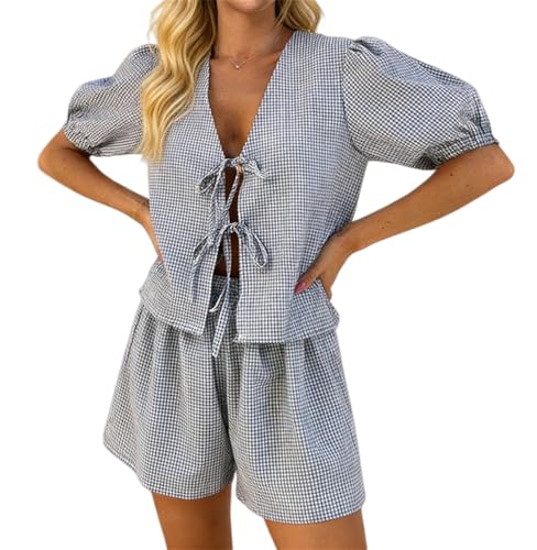 Image of Yuemengxuan Women Y2k Peplum Shirt Shorts Set Two Piece Lounge Set Pajamas Sets Puff Sleeve Tie Front Top 2pcs Pj Outfits