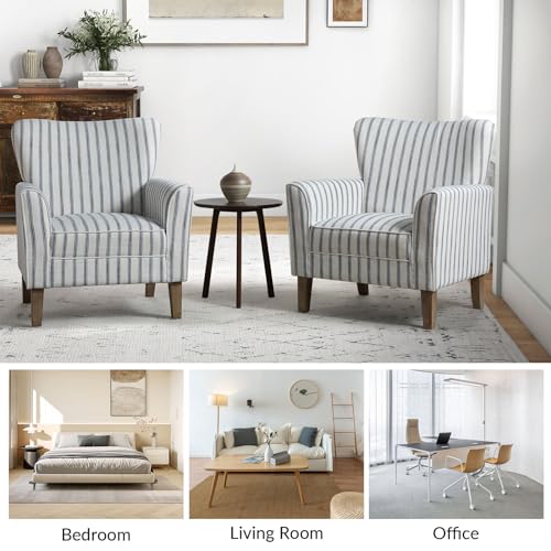 Sillón tapizado a rayas azul con patas de madera miniatura 4