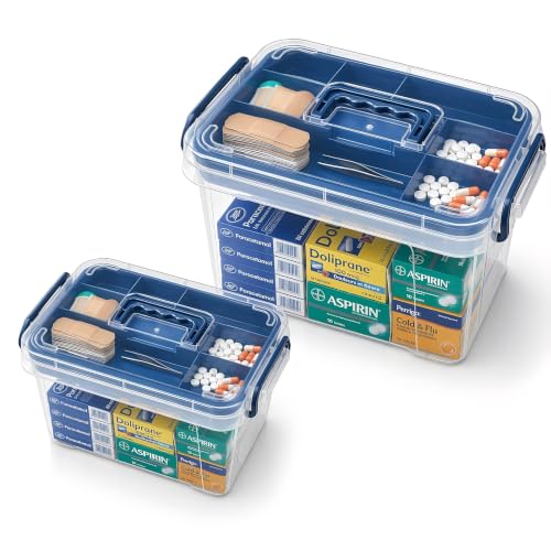 Caja de almacenamiento para medicamentos transparente Pulseplay, paquete de 2 unidades, gabinete portátil con bandeja y asa, caja plástica multifuncional para primeros auxilios, uso doméstico y viajes miniatura 1