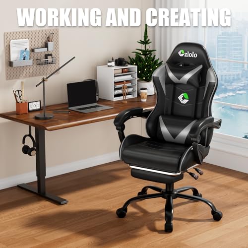 Czlolo Gaming Chair with Footrest Racing Style Lumbar Support Massager Video Game Chair with Metal Legs, High Back Reclining Gamer Chair with Headrest, 360° Swivel Office Computer Desk Chair (Gray) - Image 4