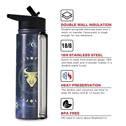 Jodyla 24 Oz Zodiacwater Bottles With Lids And Straw Double Wall Vacuum Insulated Mug Stainless Steel Cup Fit Travel Outdoor Water Bottles Birthday Gift For Women (24Oz,Taurus) #TOP1