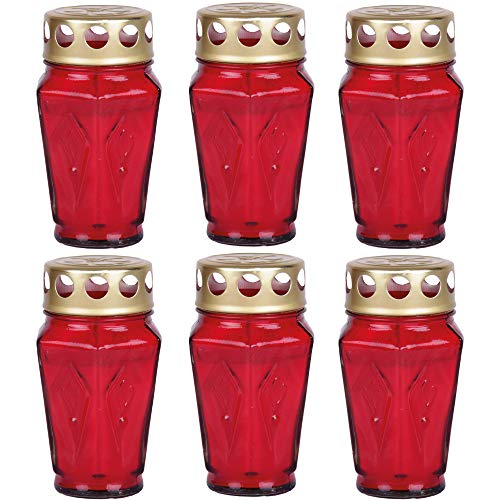 HS Candle 6X Grablicht Grabkerze aus Glas Eck (12,5cm) ca. 30 Stunden Brenndauer/Farbe: Rot