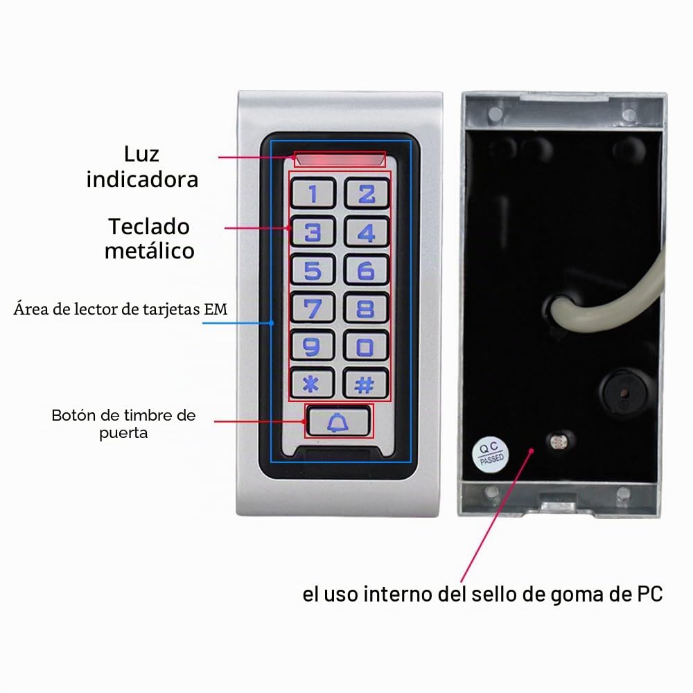 Lector de tarjetas de metal con control de acceso RFID impermeable IP68 + 10 llaveros de proximidad de 125 KHz WG26 2000 usuarios para el hogar y la oficina