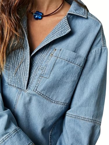 Women's Denim Pullover Casual Button V Neck Blouse Loose Fit Long Sleeve Jean Jacket Tops Shirt with Pocket4