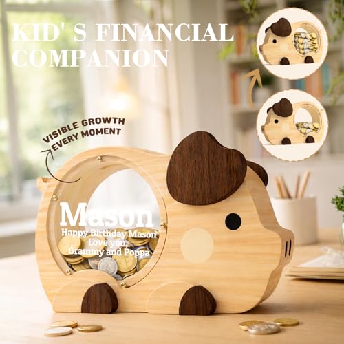 Image of Personalized Piggy Bank for Kids, Cute Money Bank for Boys, Clear Coin Bank with Plug, Wood Kids Bank Toy Unbreakable Money Box, Gift for Children Birthday Christmas and Festival