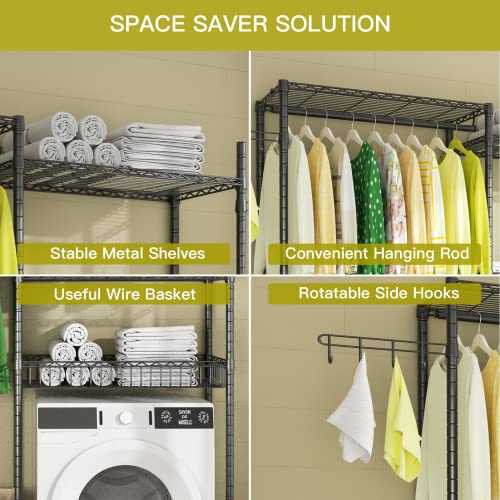 Ulif Clothes Drying Rack, Over Washer And Dryer Laundry Room Storage Shelf, Bathroom Towel Rack Space Saver With Adjustable Shelves, Wire Basket, And Rotatable Hooks, 63.4"L X 13.4"D X 76.7"H, Black #TOP5