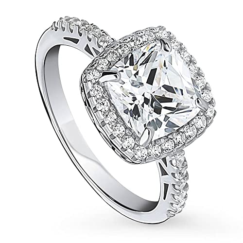 BERRICLE Sterling Silver Halo Wedding Engagement Rings Cushion Cut Cubic Zirconia CZ Promise Ring for Women, Rhodium Plated