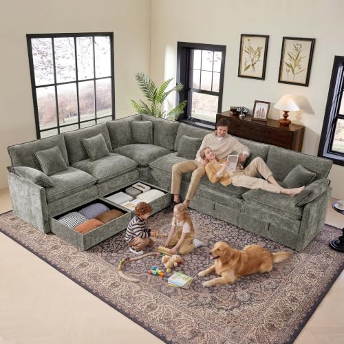 Image of Ihanherry Oversized Modular Sectional Sofa with Storag, 8-Seater V Shaped Cloud Couch with Movable Ottomans, Chenille Deep Seat Corner Couches for Living Room (Grey)