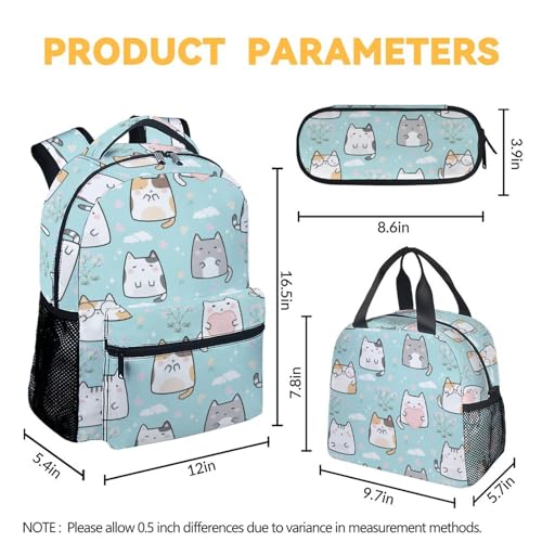 Cat Backpack with Lunch Box, Set of 3 School Backpacks Matching Combo for Girls Boys, Cute Green Bookbag and Pencil Case Bundle4